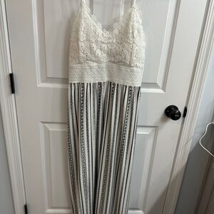 White Lace and Striped Maxi Dress